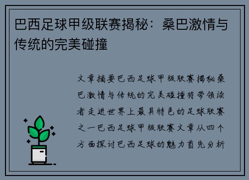 巴西足球甲级联赛揭秘：桑巴激情与传统的完美碰撞