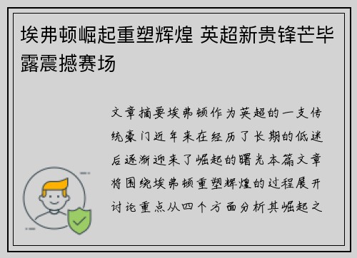 埃弗顿崛起重塑辉煌 英超新贵锋芒毕露震撼赛场